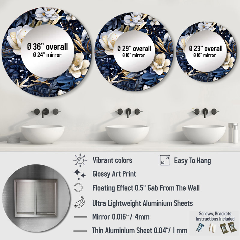 Deep Indigo Moonlit Flowers - botanical  Large Mirror, Blue Round Decorative Wall Mirror, Printed Metal Art, 29" x 29"