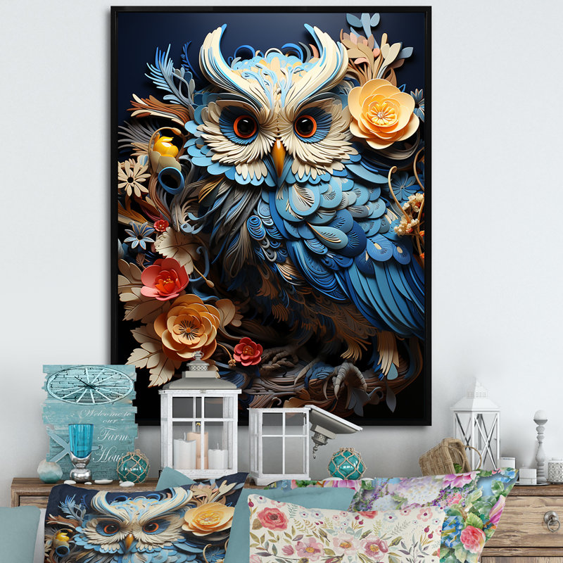 Mysterious Owl Blooms sur impression sur toile, Cadre flottant noir, H 32 po x l 16 po x P 1 po