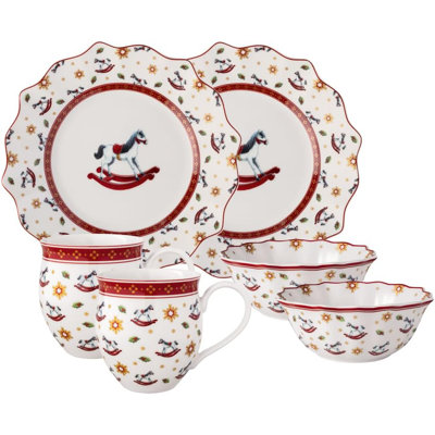 Villeroy & Boch Toy's Delight Christmas Collection Breakfast Set for 2, Rockinghorse, Premium Porcelain, 6-piece Set, Plates, Bowls, Mugs