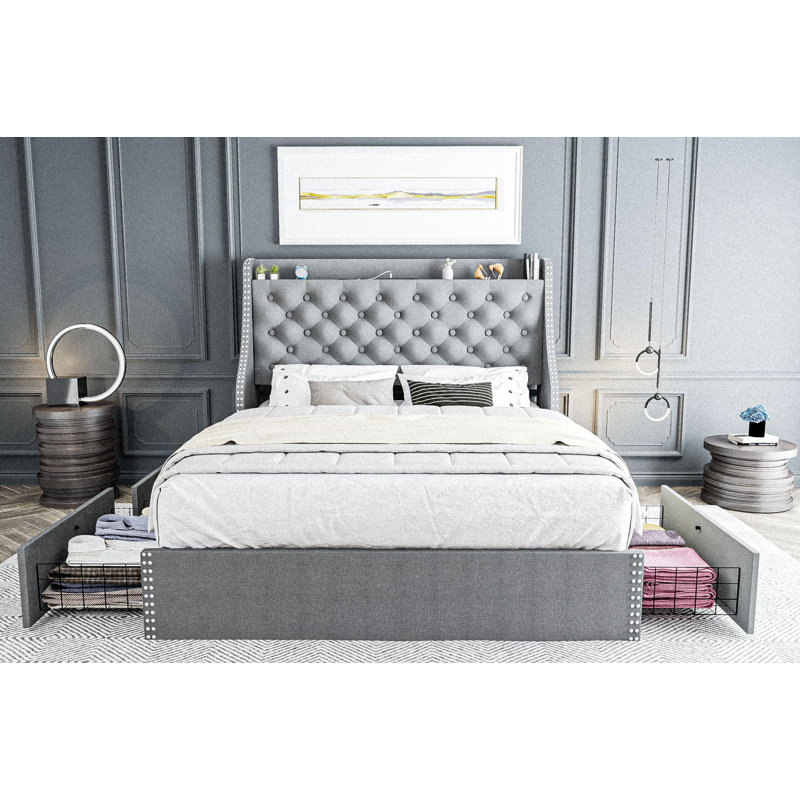 Lit avec 4 tiroirs de rangement et tête de lit, Double, gris