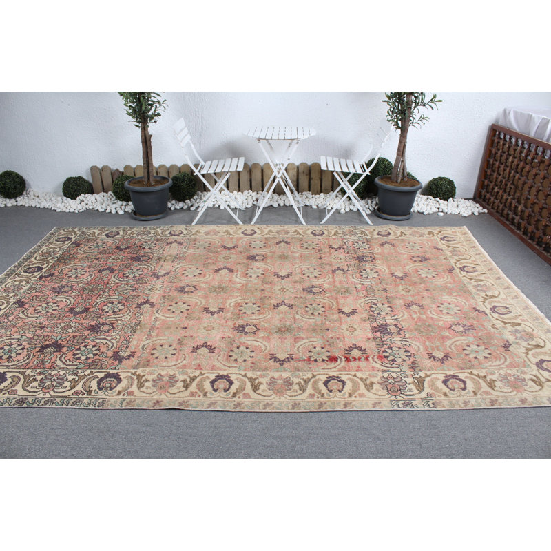 Tapis turc rétro Oushak rose pour décoration de salon et cuisine - motif antique tissé à la main