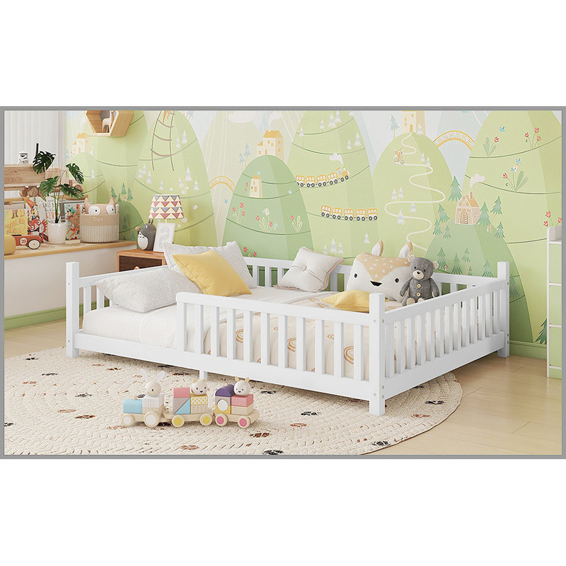 Lit double avec lumière et lit surélevé avec clôture et toit pour enfants, garçons, blanc
