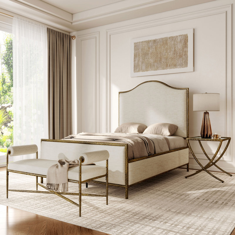 Lalia Modern Hammered Metal 3-Piece Bedroom Set, Matte Gold, Full, 3 Pcs: Bed, Bench, Side Table