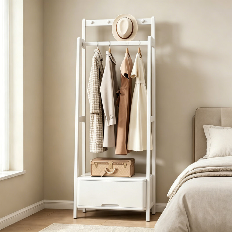 Walnut Wood Hall Tree Storage Rack, White