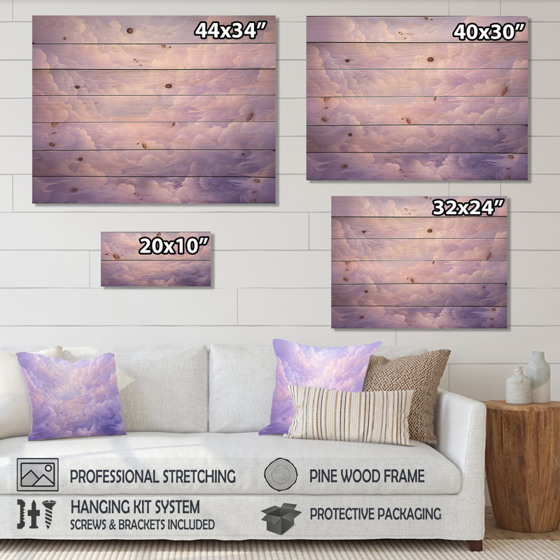 Mauve pastel Lansdcape - nuages, art mural sur bois de pin naturel, H 30 po x l 40 po
