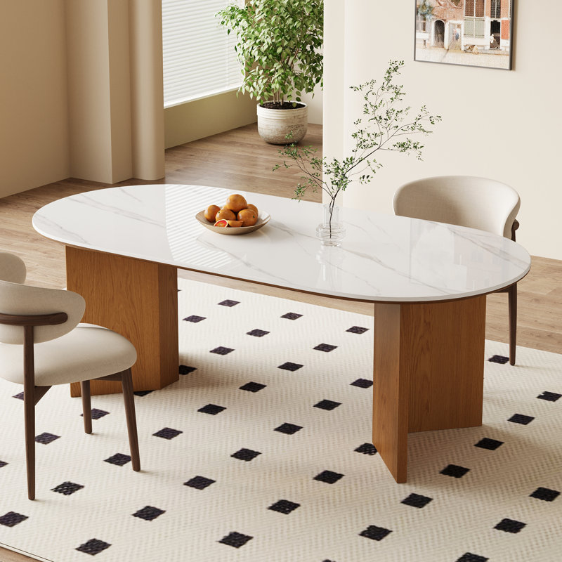 Table de salle à manger moderne 71 ", pieds en bois massif, plateau de table en pierre, White