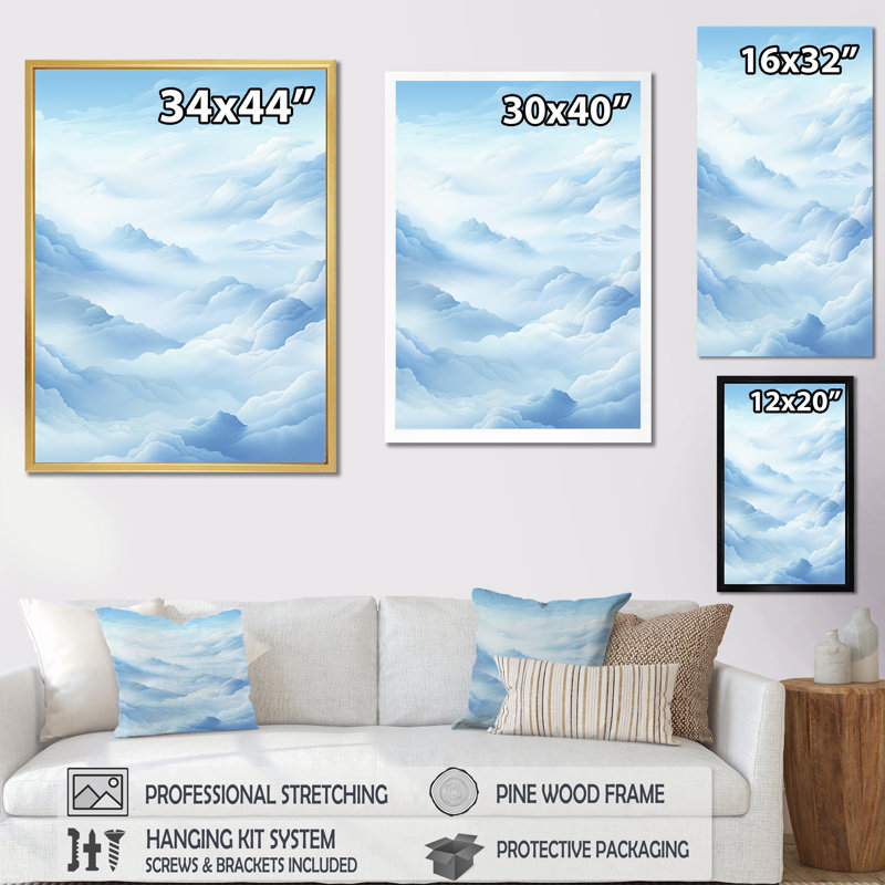 «Blue Clouds Scenery Minimalisme I», reproduction sur toile, H 32 po x l 16 po x P 1 po, Cadre flottant doré