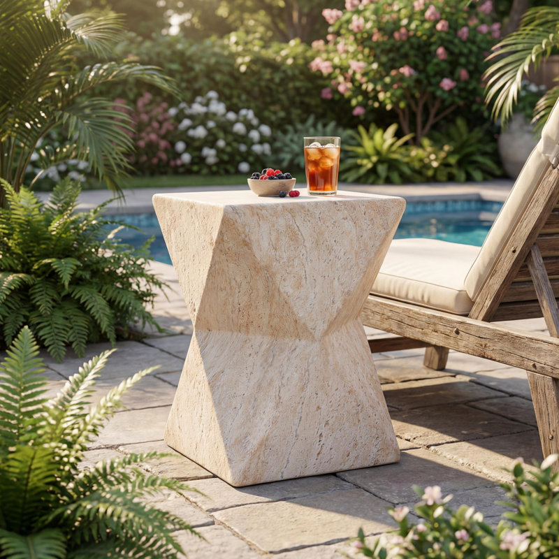 Rayfield MGO Modern Abstract Hourglass Side Table with Hand-Painted Finish for Indoor and Outdoor Use, Travertine
