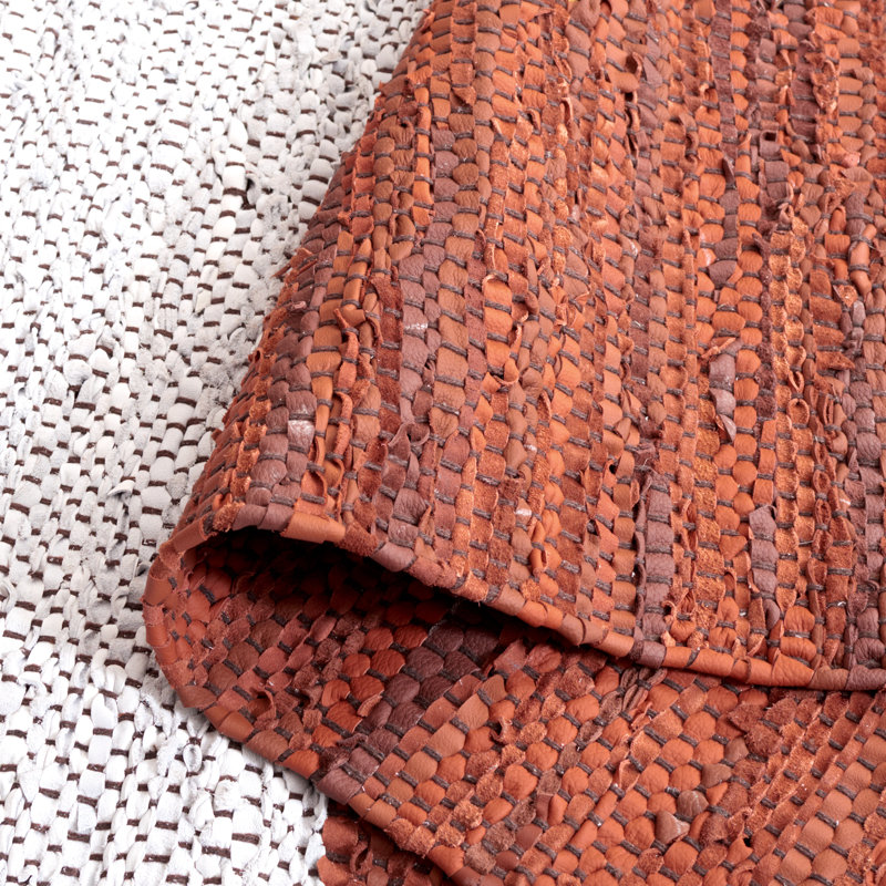 Keaun Vintage Leather Hand Woven Leather/Cotton Abstract Rug in Light Gray/Rust, Rectangle 5' x 8'