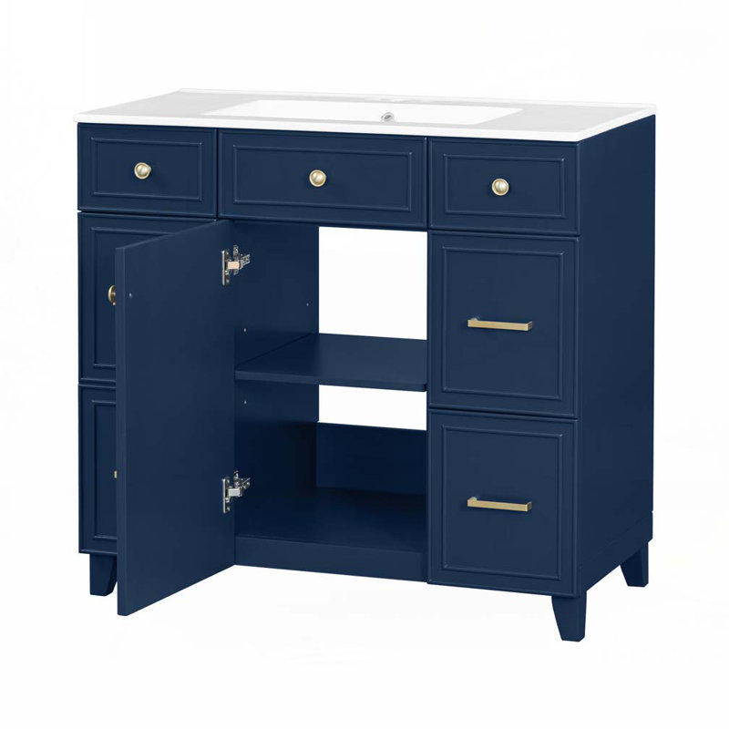 Meuble-lavabo avec lavabo en céramique, tablettes réglables et 3 tiroirs, Or, Bleu