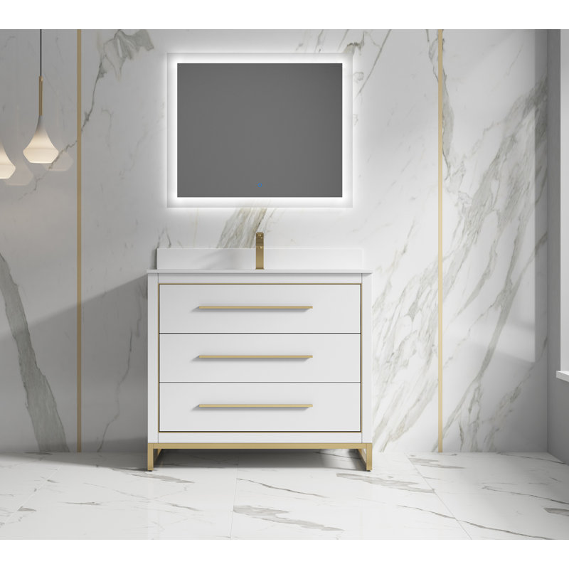 Genai 40 " W Freestanding Standard Free Standing Single Double Single Vanity Bathroom Vanity With Stone Top