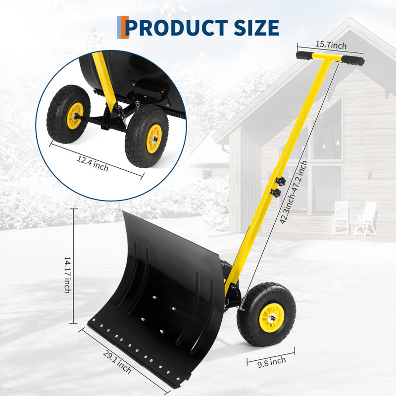 Poussoir à neige réglable 29 po - 5 angles, hauteur réglable, lame en acier, jaune / noir, Yellow/Black