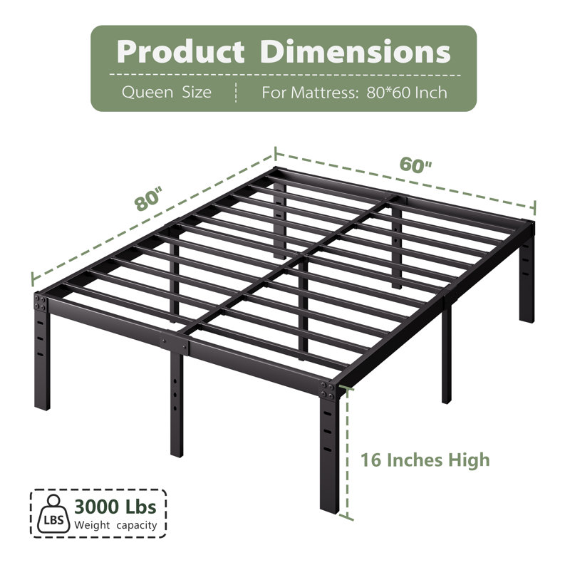 Amylia Heavy Duty 16"  Black Metal Bed Frame, No Box Spring Needed and Easy Assembly Platform Bed, Queen