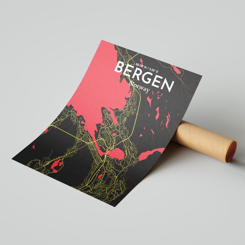 Bergen City Map, impression, Noir / rouge / jaune, H 24 po x l 18 po