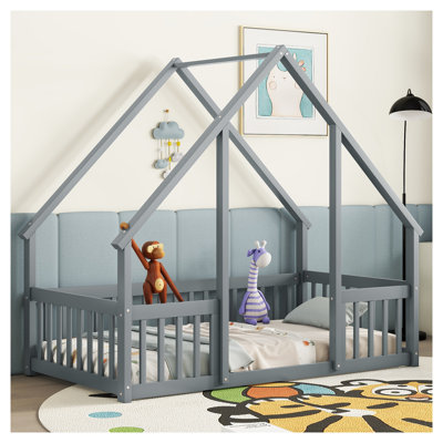Lit simple gris en forme de maison avec garde-corps - Cadre de lit pour enfant en bois Montessori