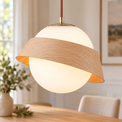 Luminaire suspendu en verre massif et bois massif soufflé à la main - réglable de 10 à 87 po, luminaire E26, finition chêne blanc