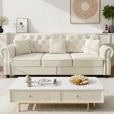 Canapé modulaire rembourré 82,6 po en velours 3 places avec 3 repose-pieds mobiles, style Chesterfield de style Mid-Century, capitonné avec garniture cloutée et accoudoirs roulés, comprend 3 coussins