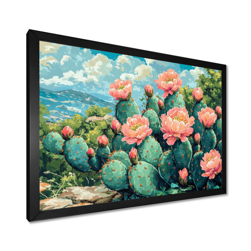 Cactus Garden In Bloom II - cactus, art mural, Cadre simple, Noir, H 12 po x l 20 po