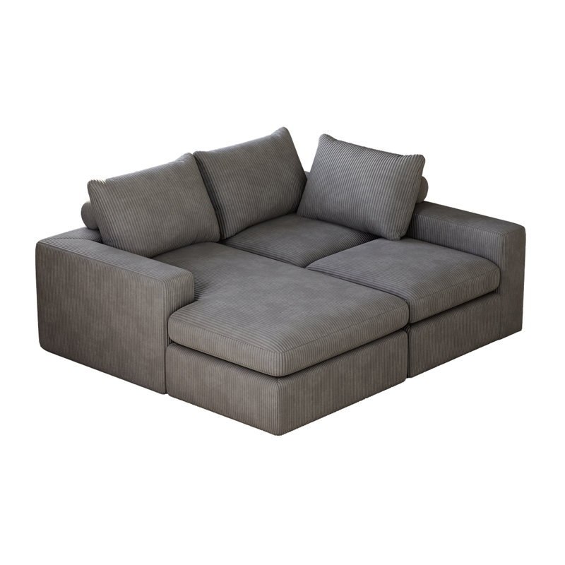 Canapé modulaire en L Boneless en forme de L avec méridienne et trois coussins Boneless, Velours côtelé gris