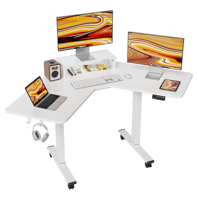 Nibbi Adjustable L-Shaped Metal Base Writing Desk, White