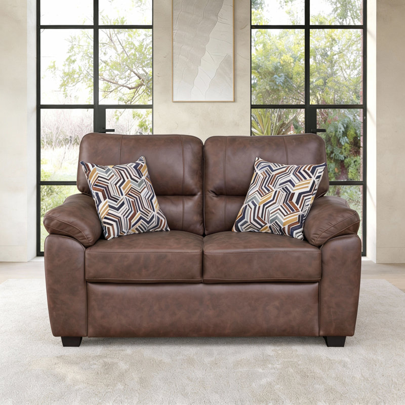 58.66" Leathaire Loveseat with 2 Accent Pillows for Living Room, Brown