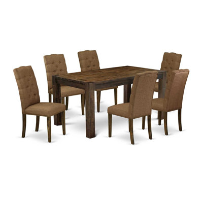 7 Piece Dining Room Table Set Consist of a Rectangle Rustic Wood Dining Table and 6 Brown Linen Fabric Upholstered Chairs, Jacobean