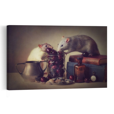 Rats Eating Cherries Classic Rustic Vintage Cherry Animal Fruit Wall Art Print by Ellen van Deelen - 1 Piece Wrapped Canvas Wall Art