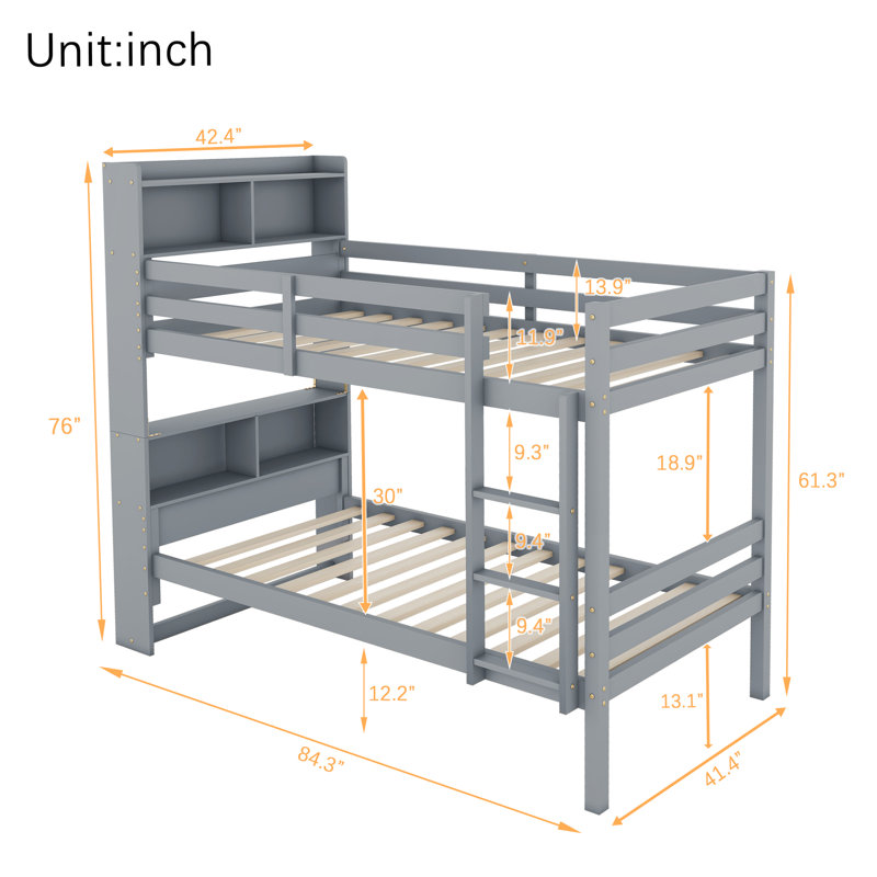 Lit superposé simple au-dessus d'un lit simple avec tablettes et garde-corps avec échelle convertible en 2 lits, Gris