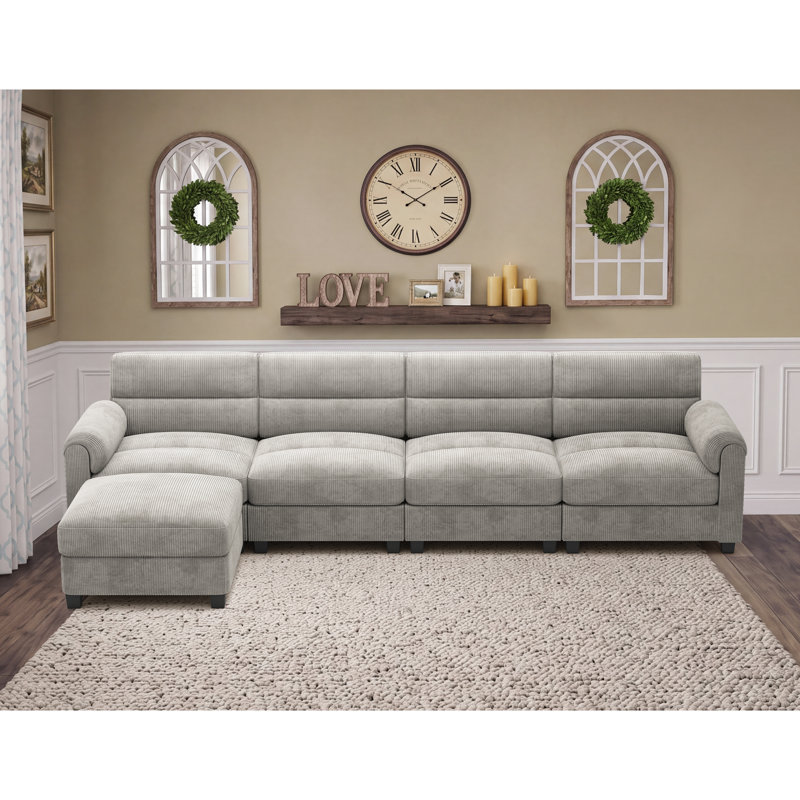 Canapé modulaire rembourré en velours côtelé 6 pièces avec repose-pieds Efaz, Velours côtelé gris pâle