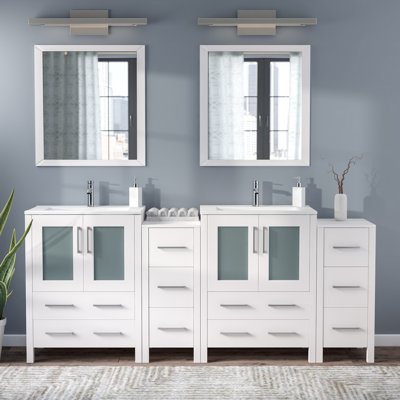  Modern 72" Double Sink Freestanding Bathroom Vanity with Ceramic Top and Matching Mirrors
