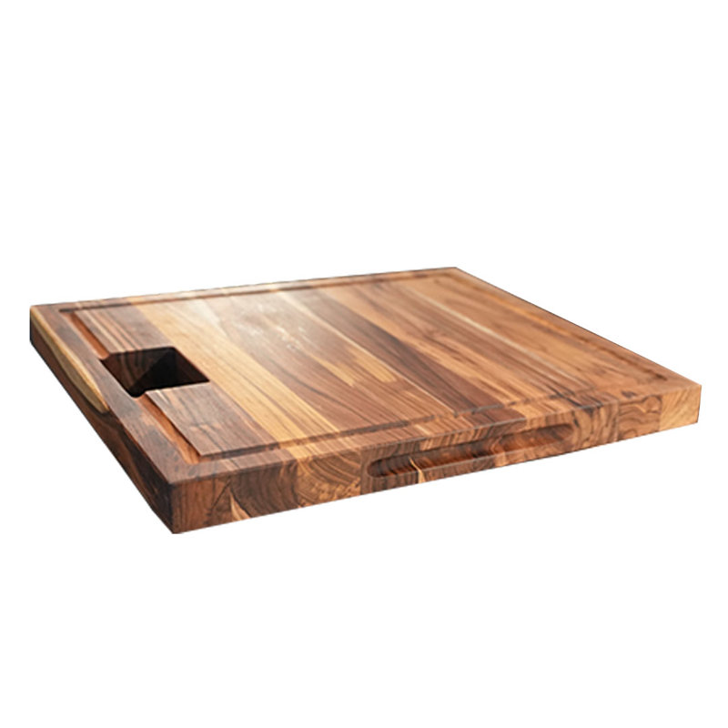 Planche à découper en bois de teck à bordure solide certifiée EcoDecors FSC, avec rainure à jus, poignées et chute à déchets, 17 x 18