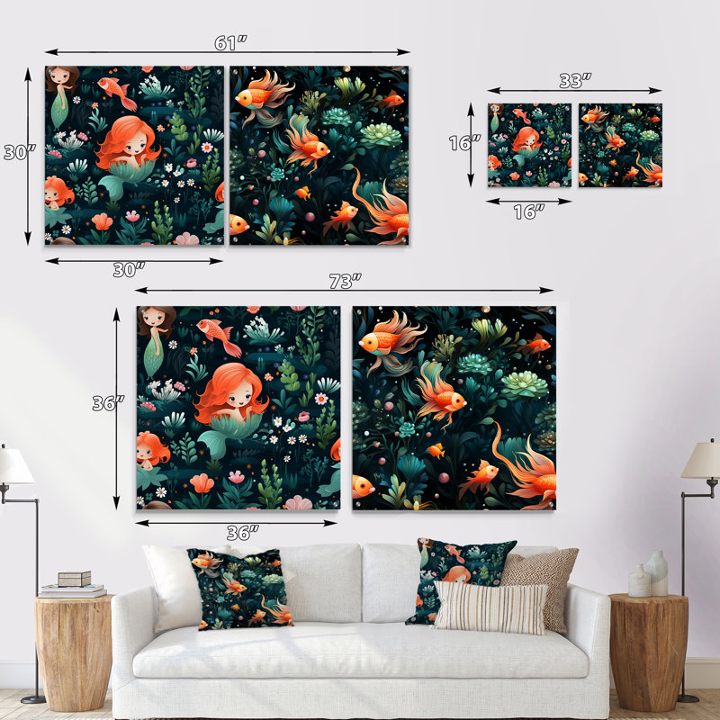 «Magical Mermaid Lagoon For Children», ensemble de 2 verres muraux en acrylique, H 36 po x l 73 po