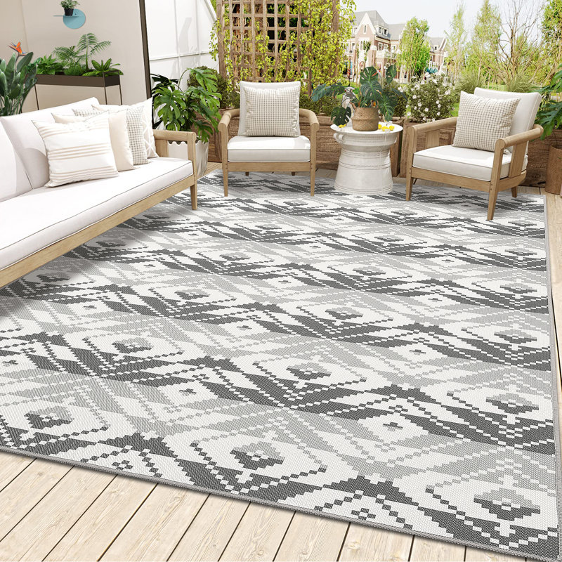 Waterproof Outdoor Rug for Patio Thin Low Pile Area Mat, Collapsible Geometric Carpet, Washable, Mark & UV Resistant, for Backyard, Deck, Camping, Balcony, Beach