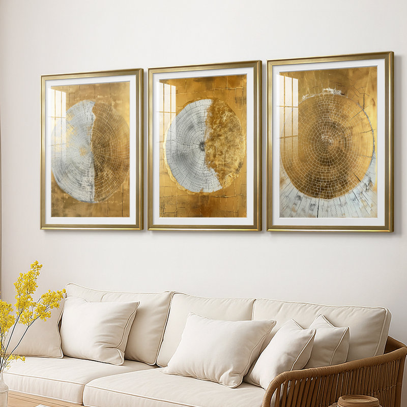 ABSTRACT Series CCXIX - Impression sur mesure encadrée de qualité supérieure - 3 pièces, H 30 po x l 63 po, Doré