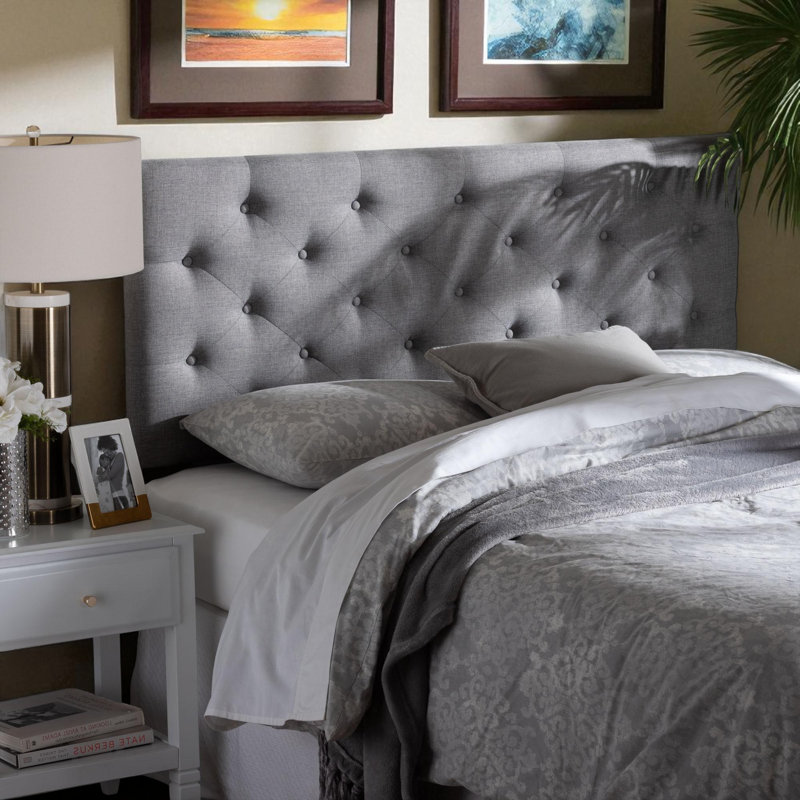 Musawer Full Gray Upholstered Button-tufted Headboard in Fabric, 54.32" H X 55.45" W X 2.1" D, Grey, Full / Double