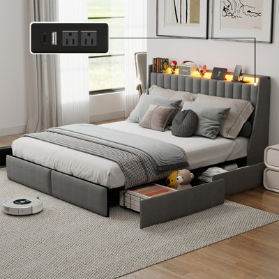 Queen Upholstered Bed Frame with 4 Drawers, Bed with Storage Headboard, Charging Station and LED Lights