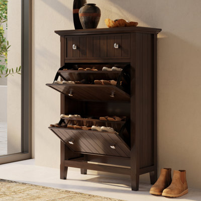 Acadian 32 inch Wide Transitional Entryway Shoe Storage Cabinet in Brunette Brown