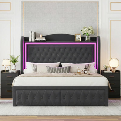 3-Piece Bedroom Set, Upholstered Bed with 2 Nightstands with 3 Drawers&USB Charging,Compact Size Doubles as Side Tables