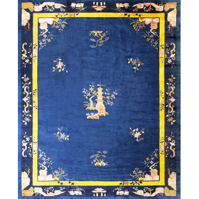 Wool Large Blue Floral Medallion Rectangle Hand Knotted Pile Antique 1930s Rug
