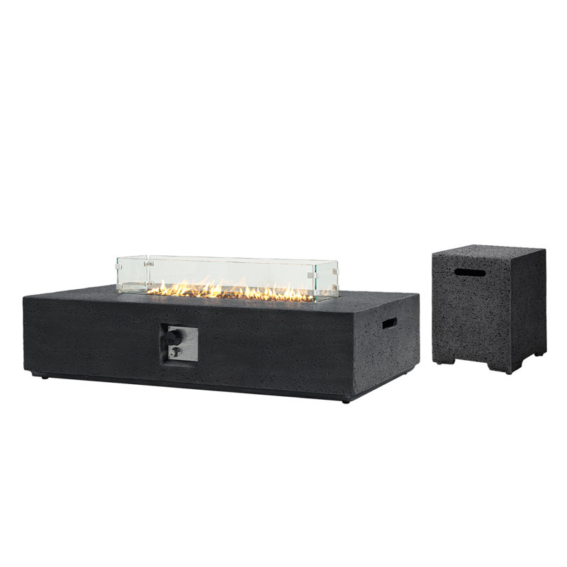 56" Rectangle Concrete Propane Fire Pit Table With Propane Tank Cover & Tempered Glass, Drak Gray