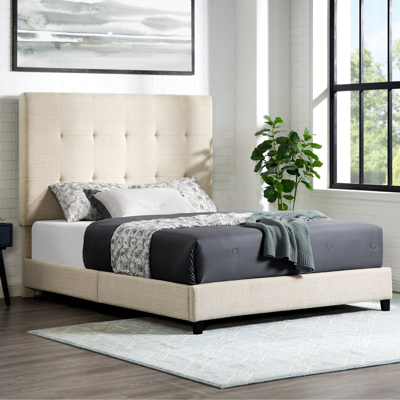 Lit transitionnel de grande taille avec revêtement et plateforme contemporaine tapissier en beige pour la chambre