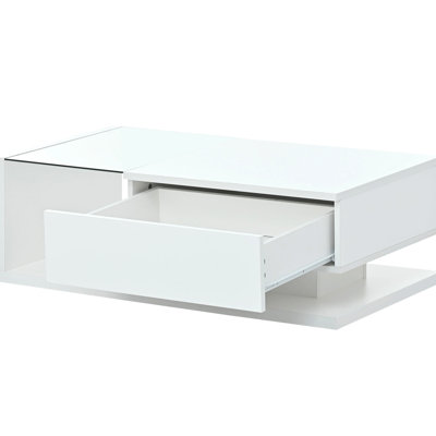 Modern Living Room Coffee Table With 5mm Tempered Glass, High-gloss Wooden Construction And Meticulously Crafted Storage Drawer Open
