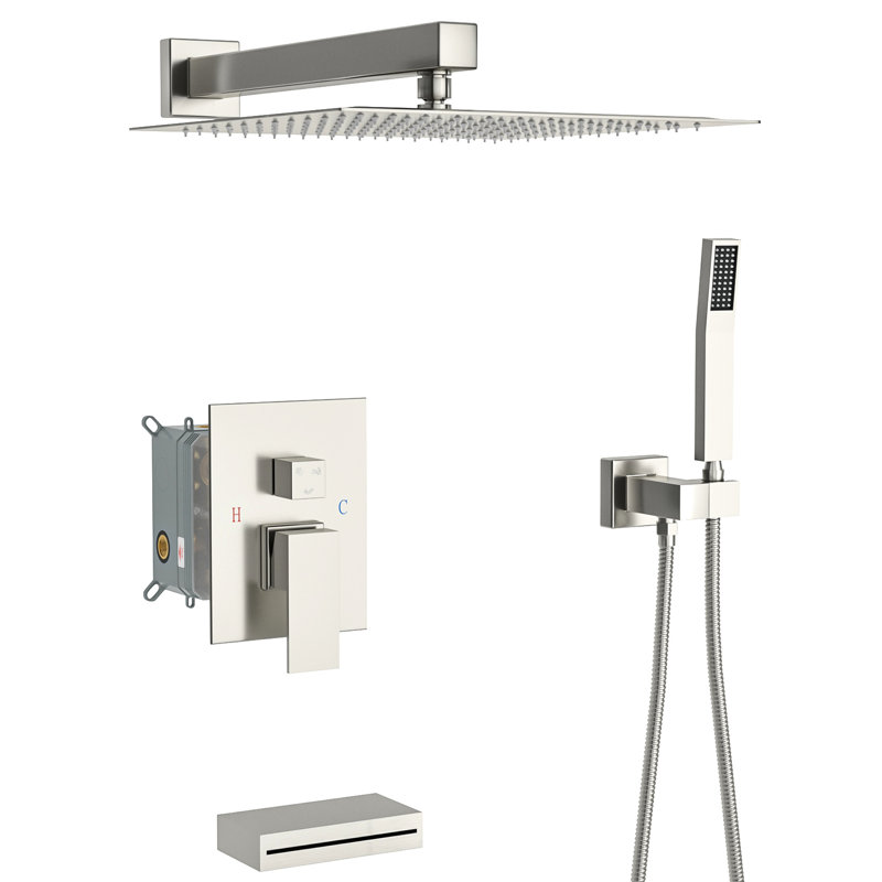Système de douche mural en nickel brossé de 12 po avec bec de baignoire en cascade. 3 douches: pomme de pluie, douchette. Installation et nettoyage faciles. Comprend un bras, une douchette, un tuyau, un support, une valve