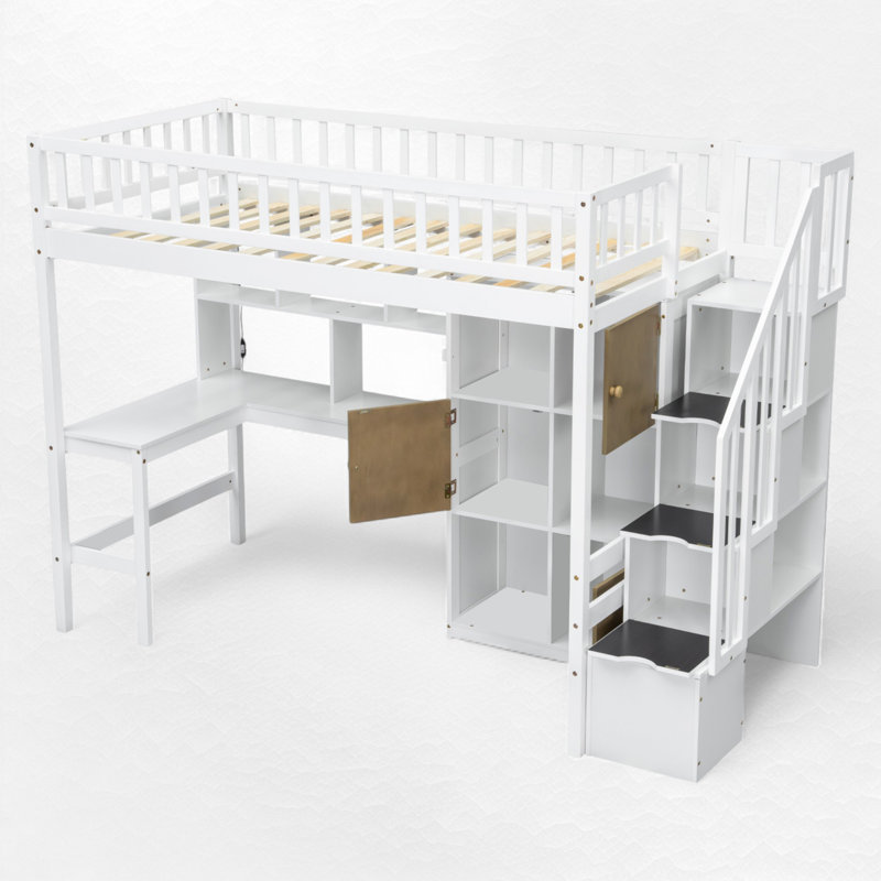 Lit mezzanine simple avec bureau intégré et escalier de rangement, Blanc / Naturel