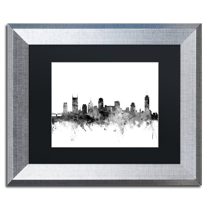 « nashville tn horizon b&w », impression encadrée, H 11 po x l 14 po x P 0,5 po, Noir, Cadre argenté