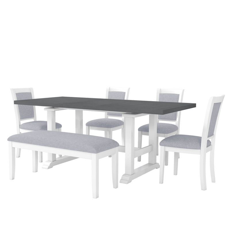 Ensemble de table de salle à manger à tréteaux extensible 6 pièces avec rallonge amovible, ensemble de table de cuisine avec chaise d'appoint rembourrée et banc