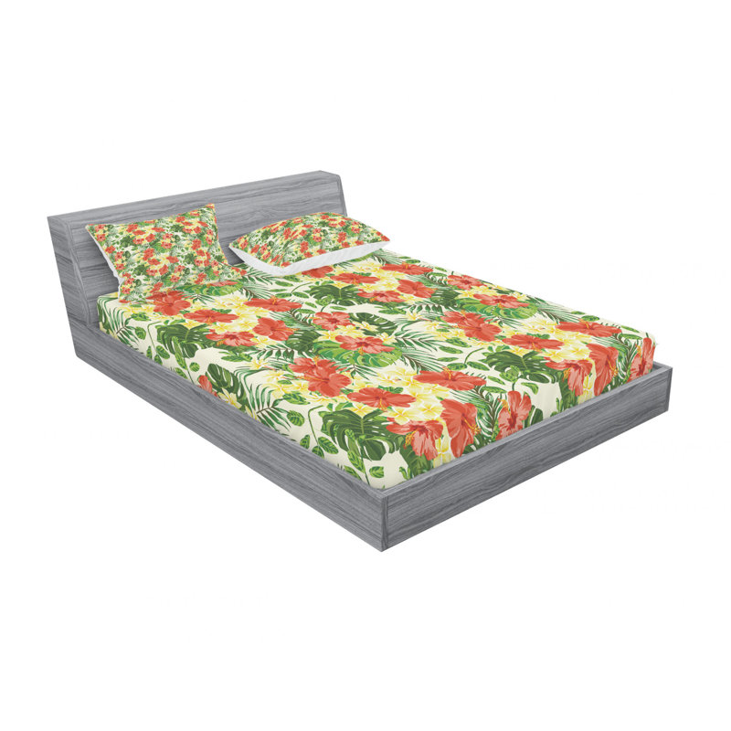 Microfiber Floral Sheet Set, Exotic with Plumeria Hibiscus Floral, Queen Sheet Set with Fitted Sheet