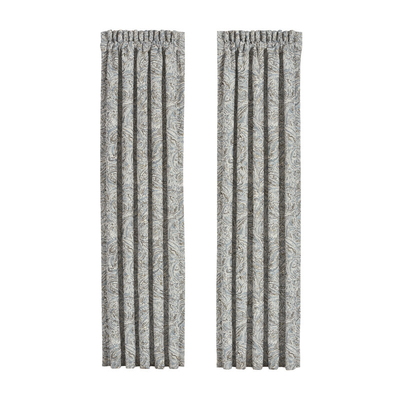 Ground Length Blue Polyester Room-Darkening Drapes with Edge Embellishment