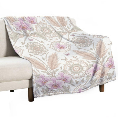 Jeté en flanelle de luxe à motif floral en plumes d'orchidées