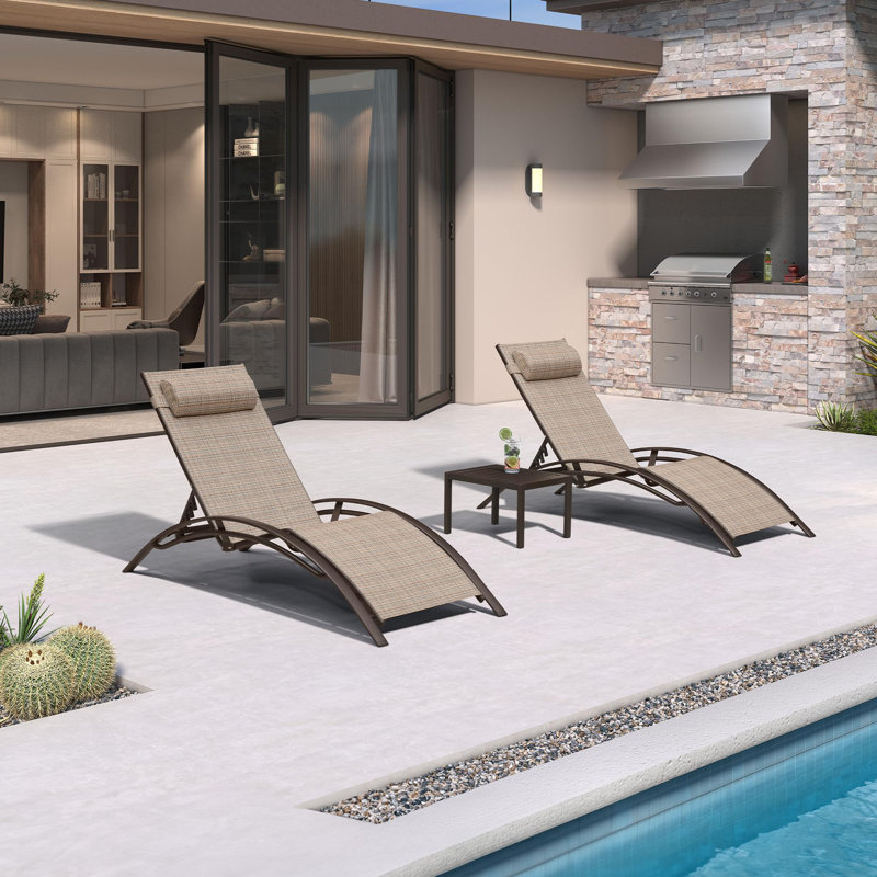 PURPLE LEAF Outdoor Chaise Lounge Chair Set of 3 Patio Pool Lounger Bronze Aluminum Chairs with Side Table Adjustable Tanning Recliner for Outside Backyard Yard Deck Balcony Beach